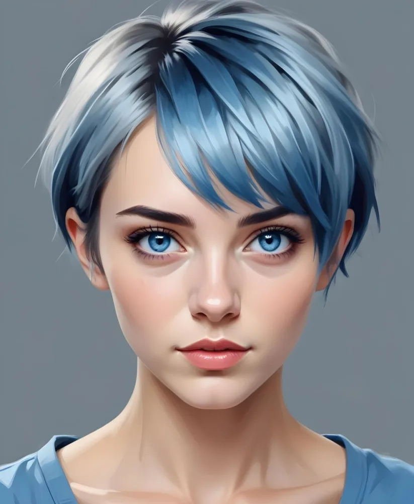 Adorable Cartoon Style A Caucasian Woman 21 Years Old With Blue Eyes And Blue Short Hair In A Grey Background 3d Render Cartoon 37 05ff
