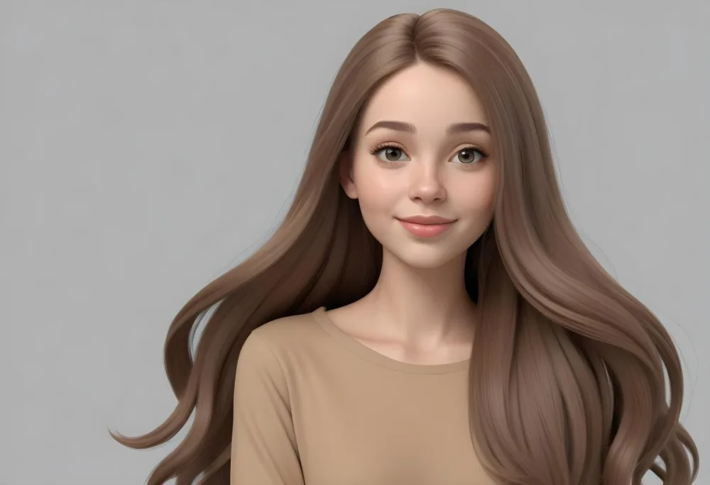 Adorable Cartoon Style A Caucasian Woman 23 Years Old Light Skin Long Brown Hair In A Grey Background 3d Render Cartoon 20 Defd