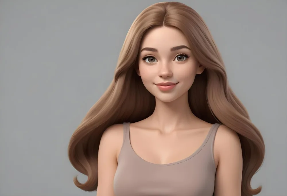 Adorable Cartoon Style A Caucasian Woman 23 Years Old Light Skin Long Brown Hair In A Grey Background 3d Render Cartoon 33 D185
