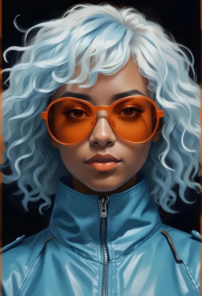Adorable Cartoon Style A Caucasian Woman 23 Years Old With Dark Skin Orange Curly Hair Wearing Orange Sunglasses And A Blue Leather Jacket In A Dark Background 3d Render Cartoon 30 E3f5