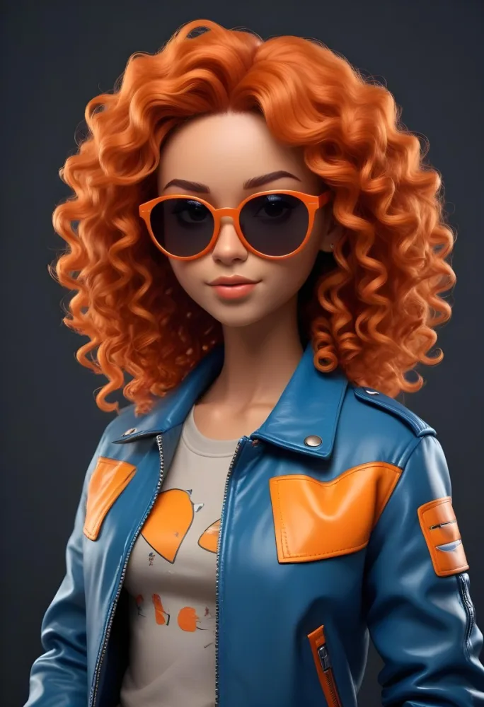 Adorable Cartoon Style A Caucasian Woman 23 Years Old With Dark Skin Orange Curly Hair Wearing Orange Sunglasses And A Blue Leather Jacket In A Dark Background 3d Render Cartoon 5 49d7