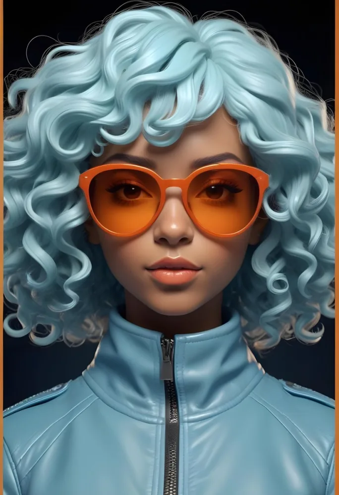 Adorable Cartoon Style A Caucasian Woman 23 Years Old With Dark Skin Orange Curly Hair Wearing Orange Sunglasses And A Blue Leather Jacket In A Dark Background 3d Render Cartoon 52 Bfae