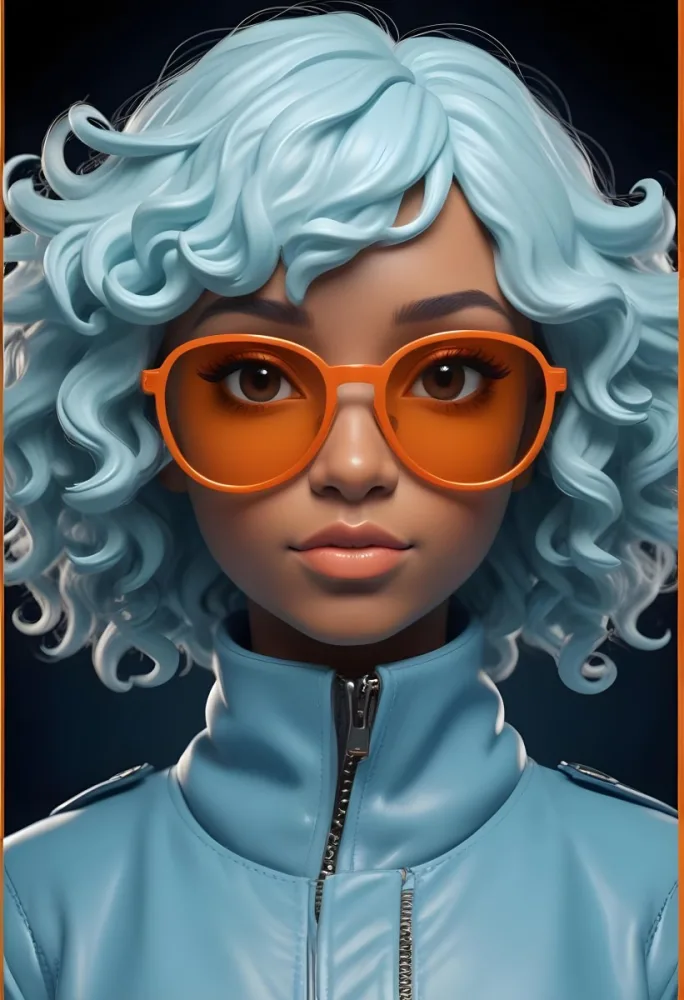 Adorable Cartoon Style A Caucasian Woman 23 Years Old With Dark Skin Orange Curly Hair Wearing Orange Sunglasses And A Blue Leather Jacket In A Dark Background 3d Render Cartoon 65 6b8a