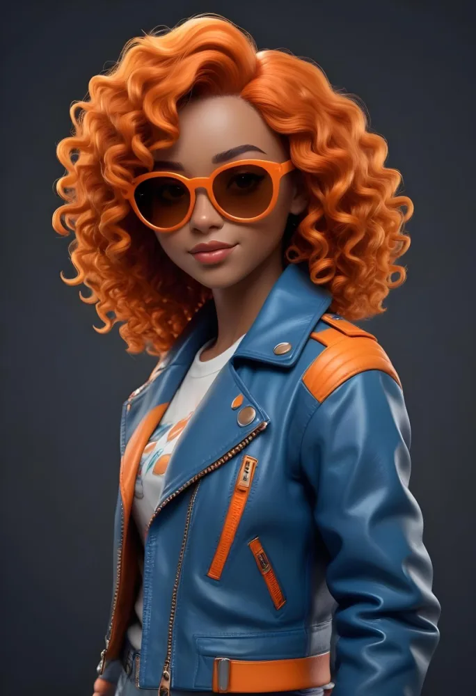 Adorable Cartoon Style A Caucasian Woman 23 Years Old With Dark Skin Orange Curly Hair Wearing Orange Sunglasses And A Blue Leather Jacket In A Dark Background 3d Render Cartoon 7 03dc
