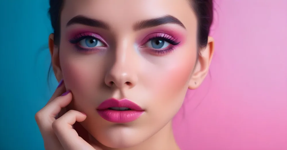 Adorable Cartoon Style A Close Up Portrait Of A Young Woman With Dark Hair Full Lips And Dramatic Eye Makeup In Shades Of Pink And Blue 3d Render Cartoon 34 72b7