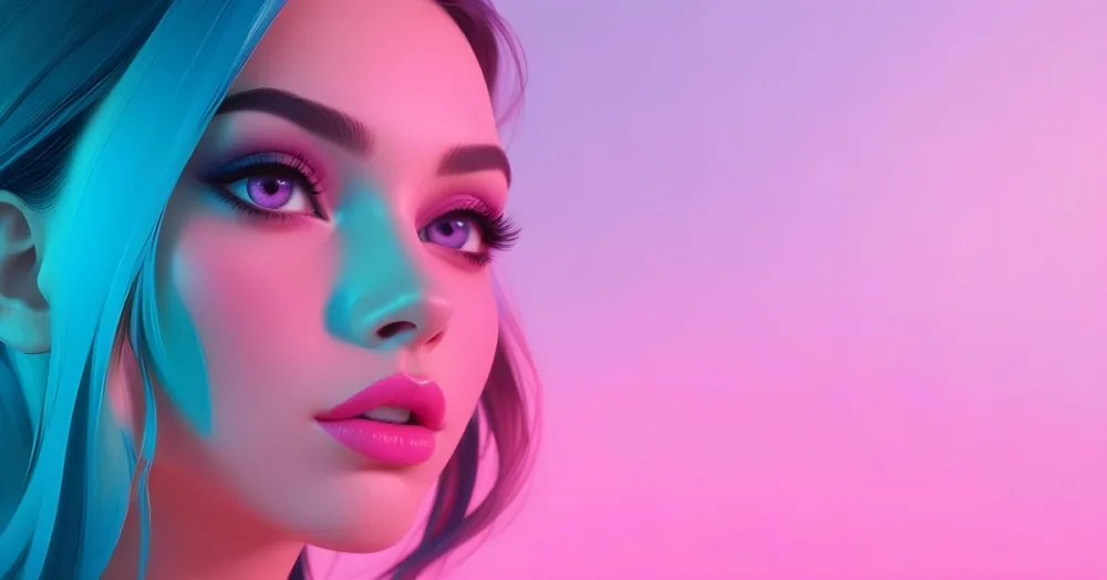 Adorable Cartoon Style A Close Up Portrait Of A Young Woman With Dark Hair Full Lips And Dramatic Eye Makeup In Shades Of Pink And Blue 3d Render Cartoon 42 3e5e
