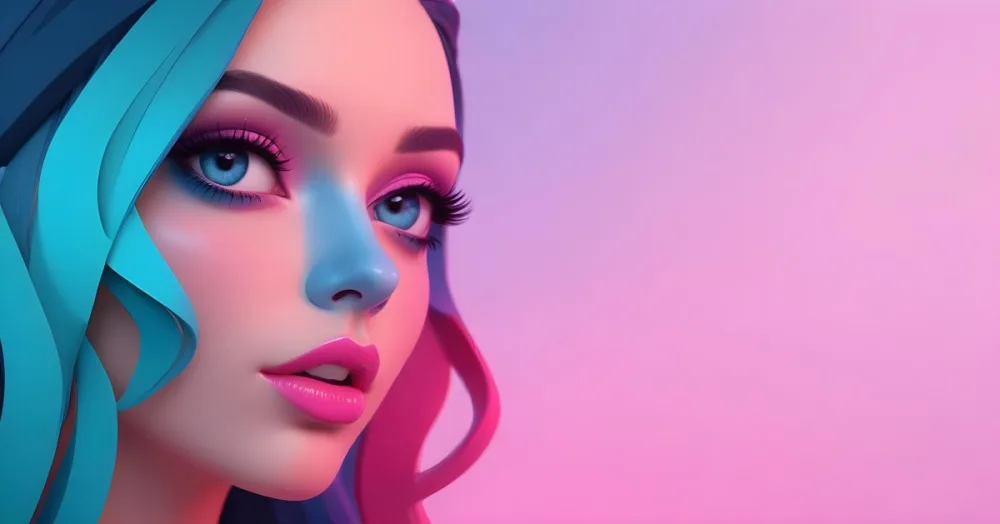Adorable Cartoon Style A Close Up Portrait Of A Young Woman With Dark Hair Full Lips And Dramatic Eye Makeup In Shades Of Pink And Blue 3d Render Cartoon 61 E0dc