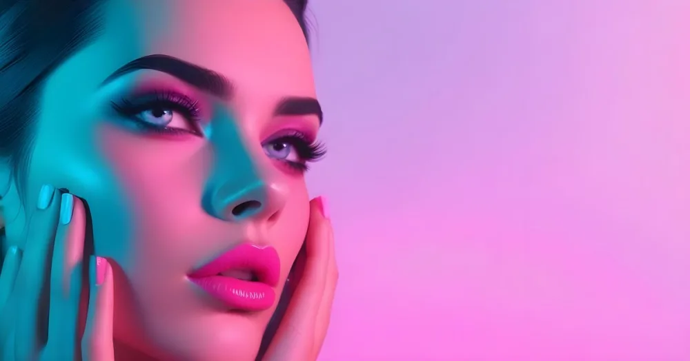 Adorable Cartoon Style A Close Up Portrait Of A Young Woman With Dark Hair Full Lips And Dramatic Eye Makeup In Shades Of Pink And Blue 3d Render Cartoon 63 F141