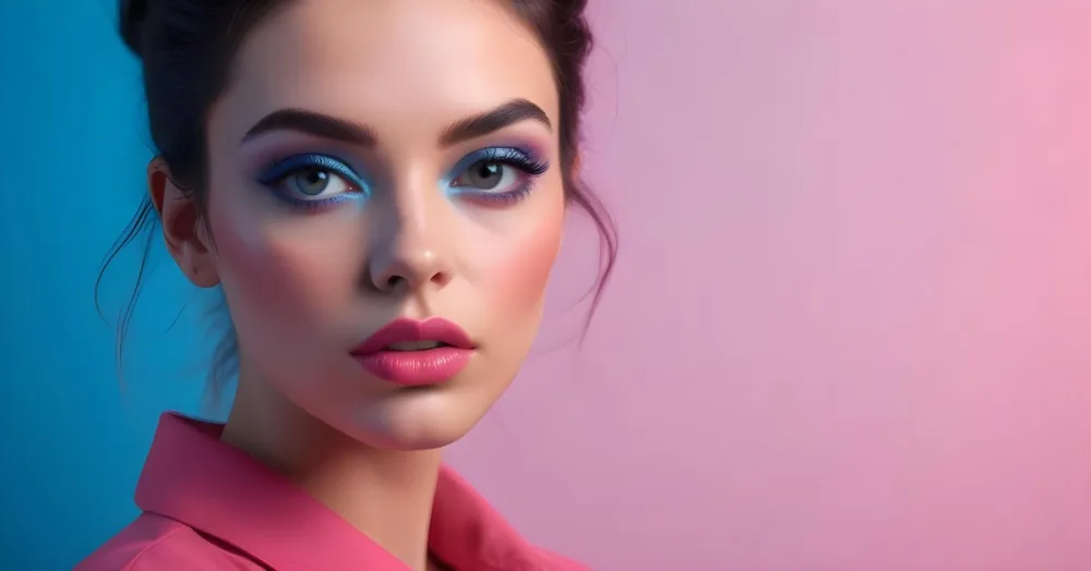Adorable Cartoon Style A Close Up Portrait Of A Young Woman With Dark Hair Full Lips And Dramatic Eye Makeup In Shades Of Pink And Blue 3d Render Cartoon 7 Edb7
