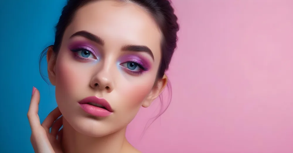 Adorable Cartoon Style A Close Up Portrait Of A Young Woman With Dark Hair Full Lips And Dramatic Eye Makeup In Shades Of Pink And Blue 3d Render Cartoon 9 60aa