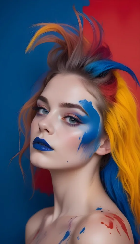Adorable Cartoon Style A White Woman Age 25 With Blue Lips And Long Eyelashes Colorful Paint On Her Face In A Red Background 3d Render Cartoon 18 64be
