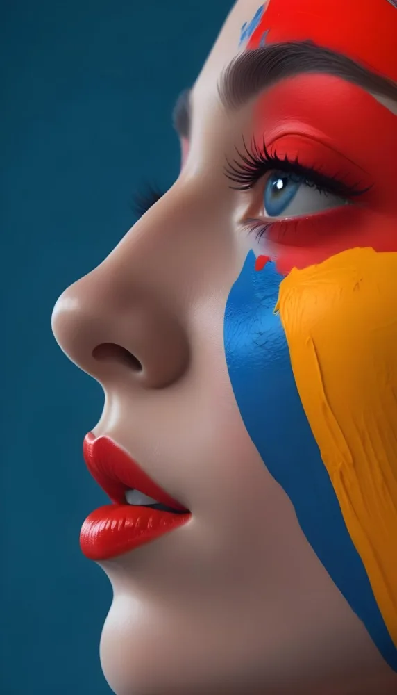 Adorable Cartoon Style A White Woman Age 25 With Blue Lips And Long Eyelashes Colorful Paint On Her Face In A Red Background 3d Render Cartoon 21 1718