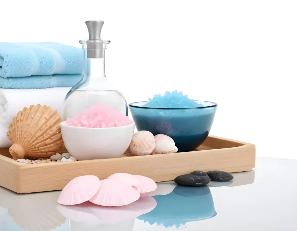 Adorable Cartoon Style A Wooden Tray With Spa Items Including Blue Bath Salts In A Glass Bowl White And Pink Soaps A Small White Bottle And Decorative Shells There Are Also Two Rolled Towels In Light Blue And Pink 17 Ad05