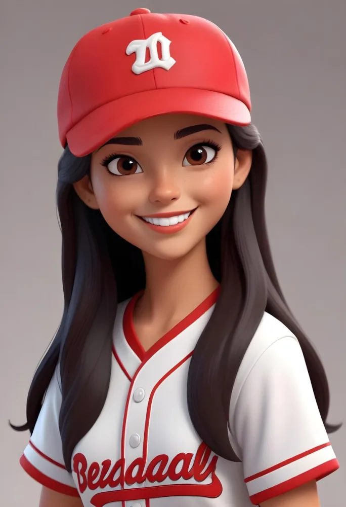 Adorable Cartoon Style A Young Latina Woman With Long Dark Hair Wearing A Red Baseball Cap And A White Baseball Jersey With Red Trim She Has A Bright Friendly Smile And Is Looking Directly At The Camera 3d Render Ca 15 62b5