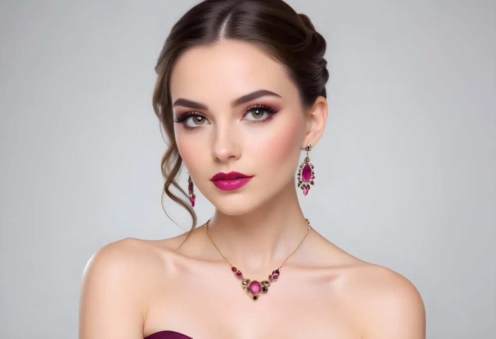 Adorable Cartoon Style A Young Woman With Fair Skin And Long Brown Hair Styled In An Elegant Updo She Has Striking Brown Eyes And Is Wearing Bold Makeup Including Dark Eyeliner And A Deep Pink Lipstick A Decorative P 14 Ce07
