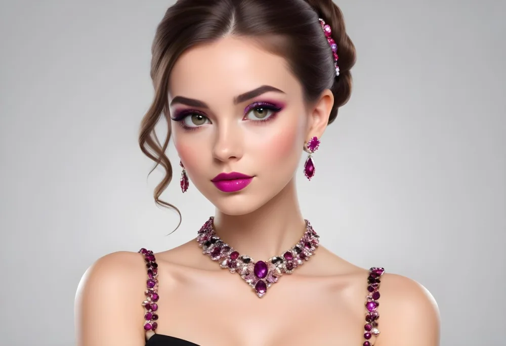 Adorable Cartoon Style A Young Woman With Fair Skin And Long Brown Hair Styled In An Elegant Updo She Has Striking Brown Eyes And Is Wearing Bold Makeup Including Dark Eyeliner And A Deep Pink Lipstick A Decorative P 15 78c8