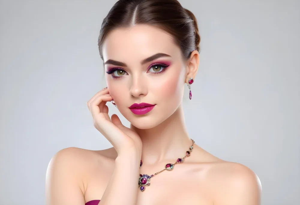 Adorable Cartoon Style A Young Woman With Fair Skin And Long Brown Hair Styled In An Elegant Updo She Has Striking Brown Eyes And Is Wearing Bold Makeup Including Dark Eyeliner And A Deep Pink Lipstick A Decorative P 31 7859