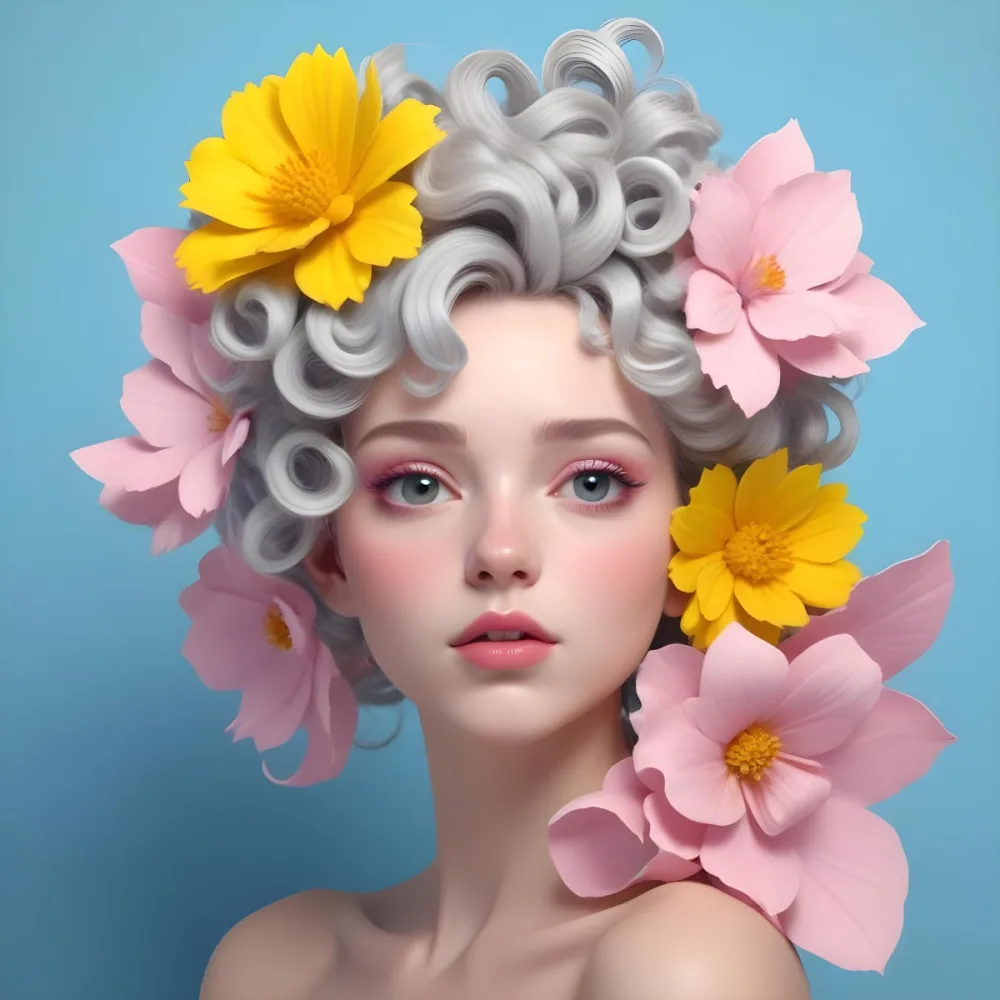 Adorable Cartoon Style A Young Woman With Pale Skin And Curly Light Gray Hair Adorned With Large Pink And Yellow Flowers She Has A Neutral Expression And Is Set Against A Solid Light Blue Background The Flowers Crea 15 E91e