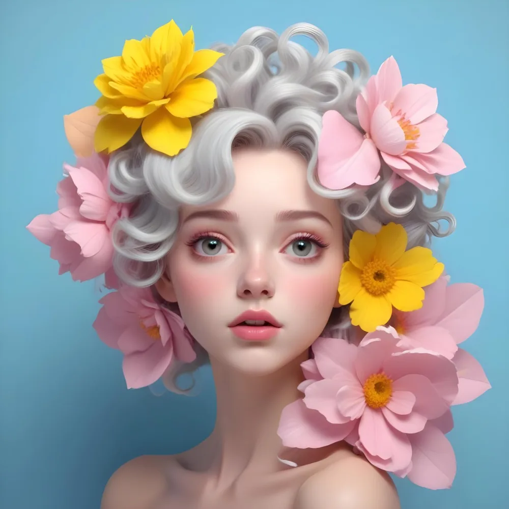 Adorable Cartoon Style A Young Woman With Pale Skin And Curly Light Gray Hair Adorned With Large Pink And Yellow Flowers She Has A Neutral Expression And Is Set Against A Solid Light Blue Background The Flowers Crea 16 71c2