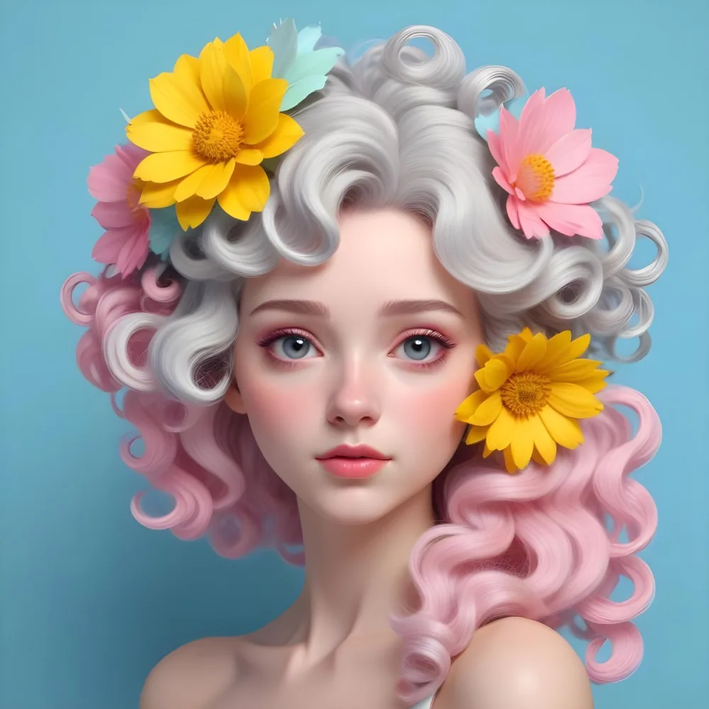 Adorable Cartoon Style A Young Woman With Pale Skin And Curly Light Gray Hair Adorned With Large Pink And Yellow Flowers She Has A Neutral Expression And Is Set Against A Solid Light Blue Background The Flowers Crea 17 3504