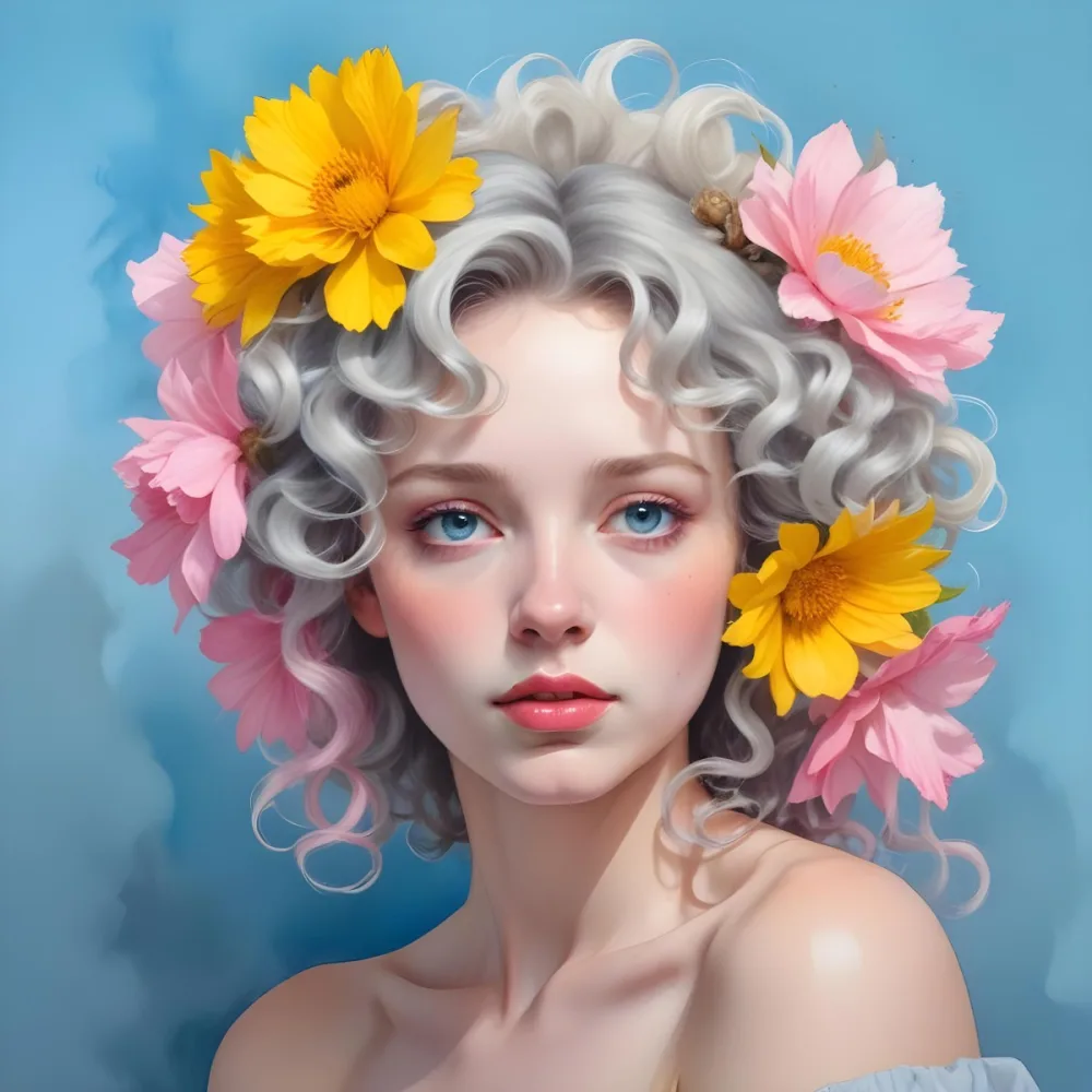 Adorable Cartoon Style A Young Woman With Pale Skin And Curly Light Gray Hair Adorned With Large Pink And Yellow Flowers She Has A Neutral Expression And Is Set Against A Solid Light Blue Background The Flowers Crea 25 6e92