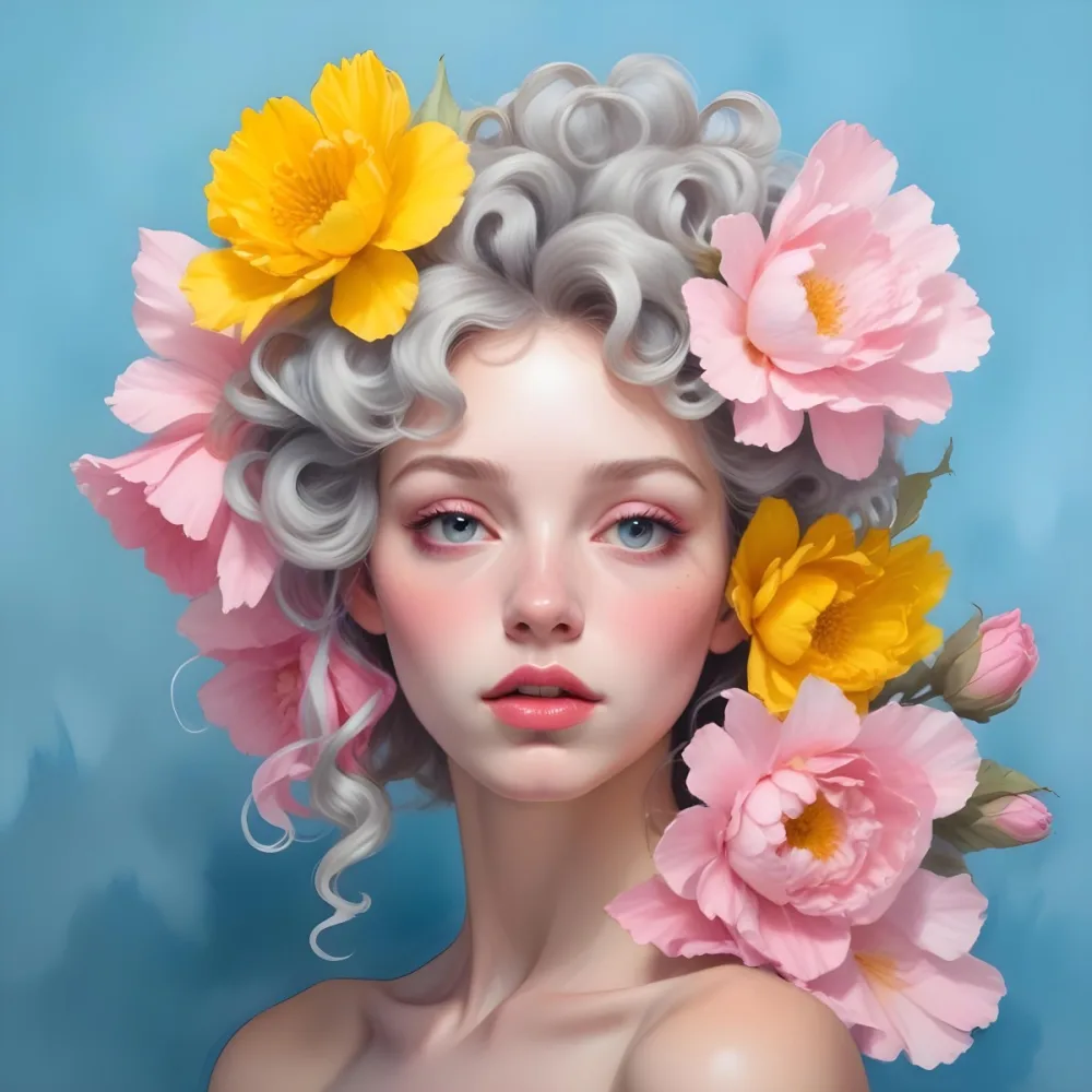 Adorable Cartoon Style A Young Woman With Pale Skin And Curly Light Gray Hair Adorned With Large Pink And Yellow Flowers She Has A Neutral Expression And Is Set Against A Solid Light Blue Background The Flowers Crea 26 E0c9
