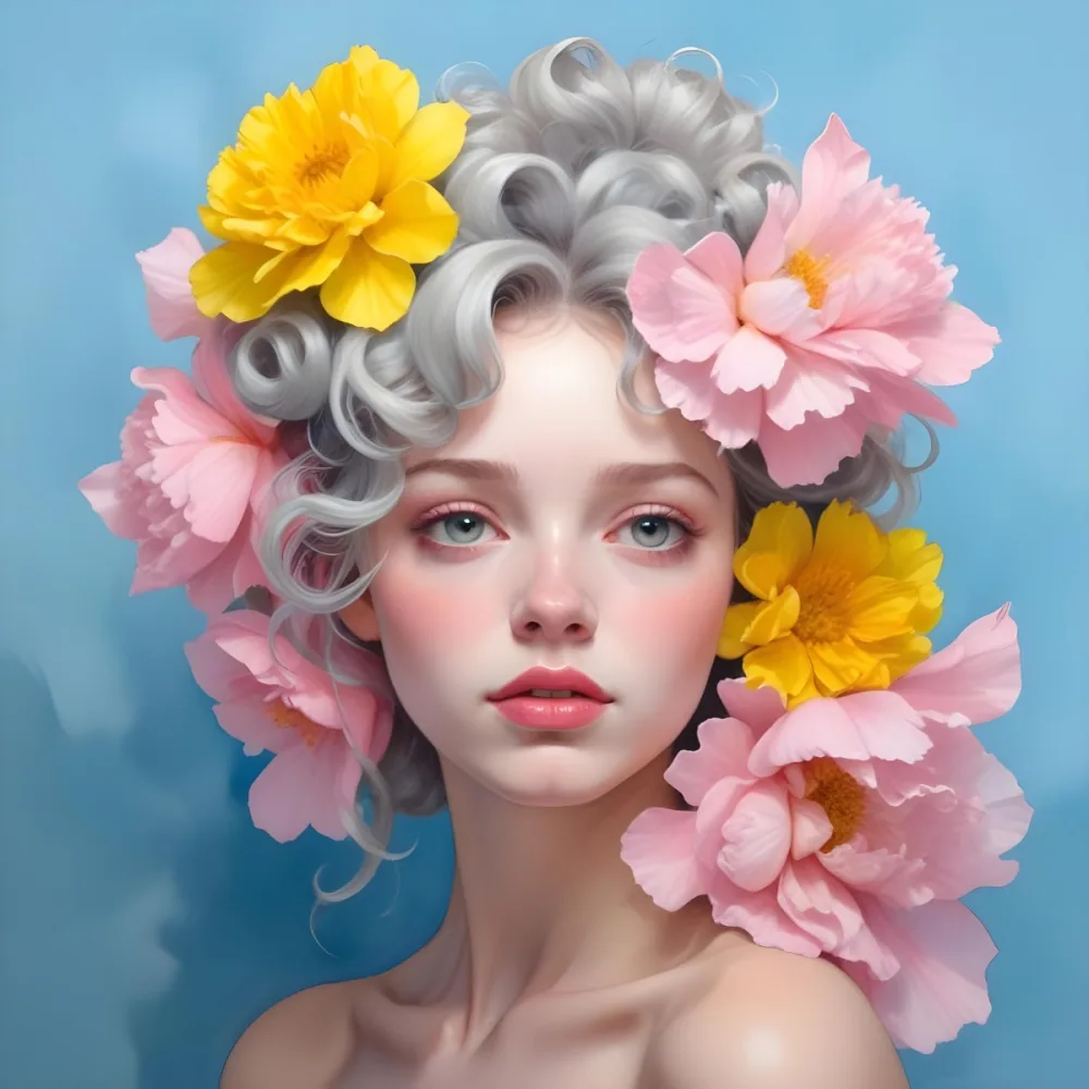 Adorable Cartoon Style A Young Woman With Pale Skin And Curly Light Gray Hair Adorned With Large Pink And Yellow Flowers She Has A Neutral Expression And Is Set Against A Solid Light Blue Background The Flowers Crea 29 2edb