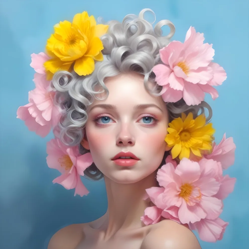 Adorable Cartoon Style A Young Woman With Pale Skin And Curly Light Gray Hair Adorned With Large Pink And Yellow Flowers She Has A Neutral Expression And Is Set Against A Solid Light Blue Background The Flowers Crea 31 7caf
