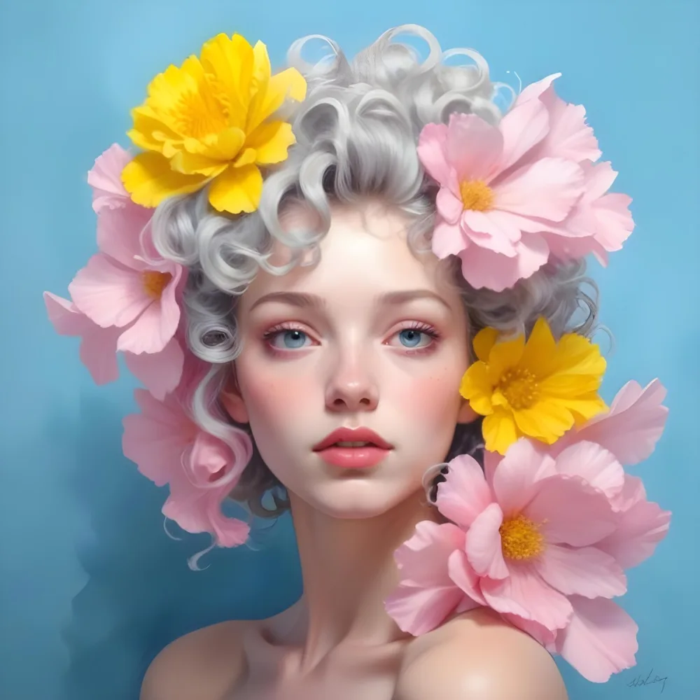 Adorable Cartoon Style A Young Woman With Pale Skin And Curly Light Gray Hair Adorned With Large Pink And Yellow Flowers She Has A Neutral Expression And Is Set Against A Solid Light Blue Background The Flowers Crea 32 8f74