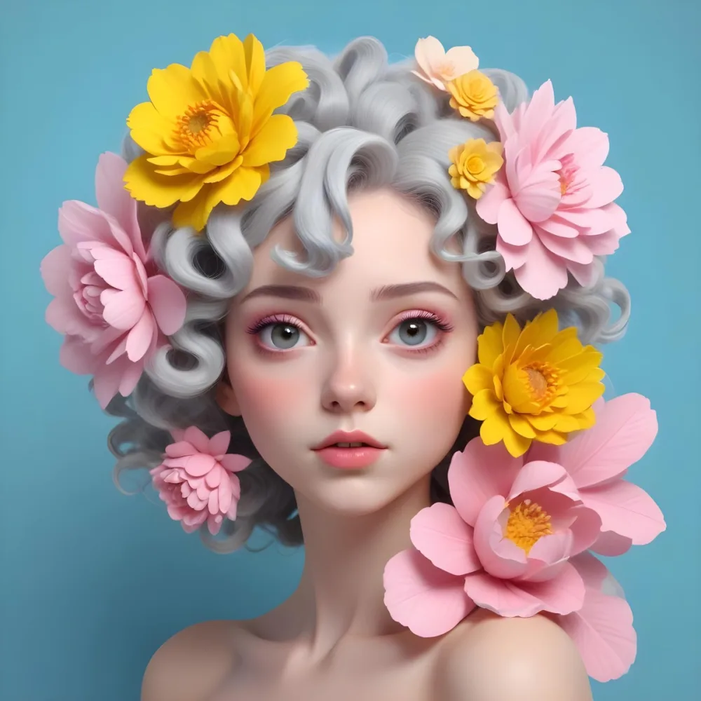 Adorable Cartoon Style A Young Woman With Pale Skin And Curly Light Gray Hair Adorned With Large Pink And Yellow Flowers She Has A Neutral Expression And Is Set Against A Solid Light Blue Background The Flowers Crea 4 3a1d
