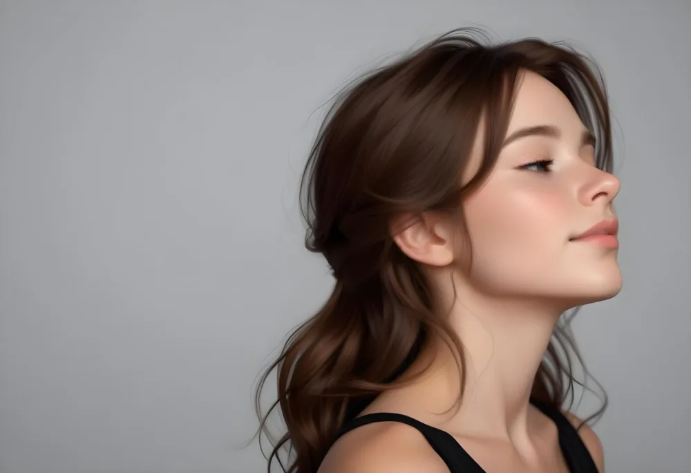 Adorable Cartoon Style Young Caucasian Female Approximately 20 Years Old With Long Brown Hair Styled In Loose Waves She Has Her Eyes Closed And Is Facing Slightly To The Side Showcasing A Calm Expression The Backgro 12 7ab0