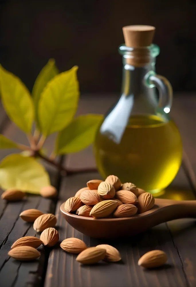 Almonds And Yellow Leaves In A Wooden Spoon With A Glass Bottle Full Of Green Oil On A Dark Wooden Table 10 6197