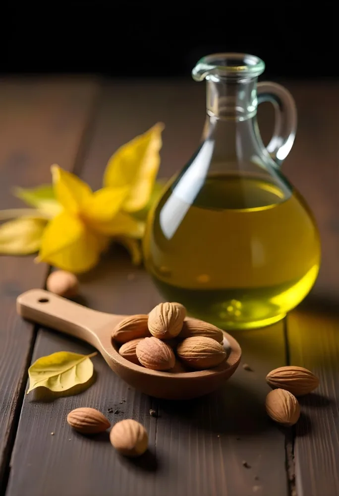 Almonds And Yellow Leaves In A Wooden Spoon With A Glass Bottle Full Of Green Oil On A Dark Wooden Table 14 93b2