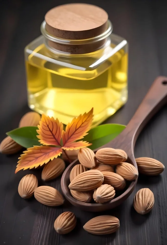 Almonds And Yellow Leaves In A Wooden Spoon With A Glass Bottle Full Of Green Oil On A Dark Wooden Table 15 Bfc4