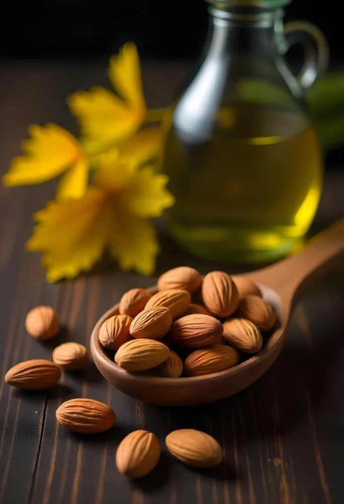 Almonds And Yellow Leaves In A Wooden Spoon With A Glass Bottle Full Of Green Oil On A Dark Wooden Table 20 D06d