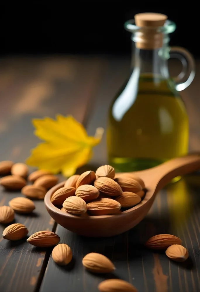 Almonds And Yellow Leaves In A Wooden Spoon With A Glass Bottle Full Of Green Oil On A Dark Wooden Table 25 90f9