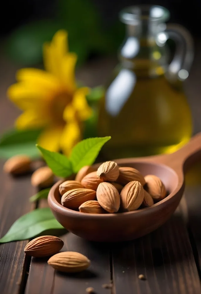 Almonds And Yellow Leaves In A Wooden Spoon With A Glass Bottle Full Of Green Oil On A Dark Wooden Table 26 1d3f