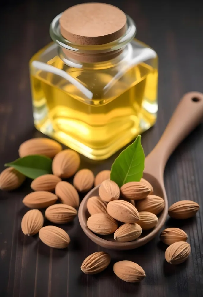 Almonds And Yellow Leaves In A Wooden Spoon With A Glass Bottle Full Of Green Oil On A Dark Wooden Table 5 C3c4