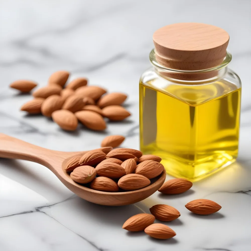 Almonds In A Wooden Spoon With A Bottle Of Almond Oil In The Background On A Wooden Surface 5 9d64
