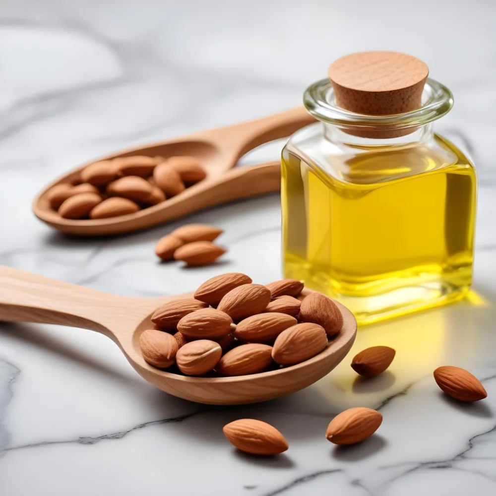 Almonds In A Wooden Spoon With A Bottle Of Almond Oil In The Background On A Wooden Surface 6 Eeb4