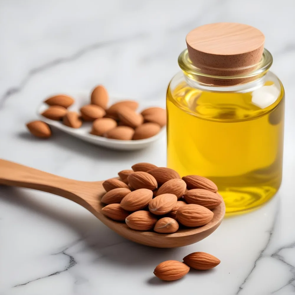 Almonds In A Wooden Spoon With A Bottle Of Almond Oil In The Background On A Wooden Surface 7 3698