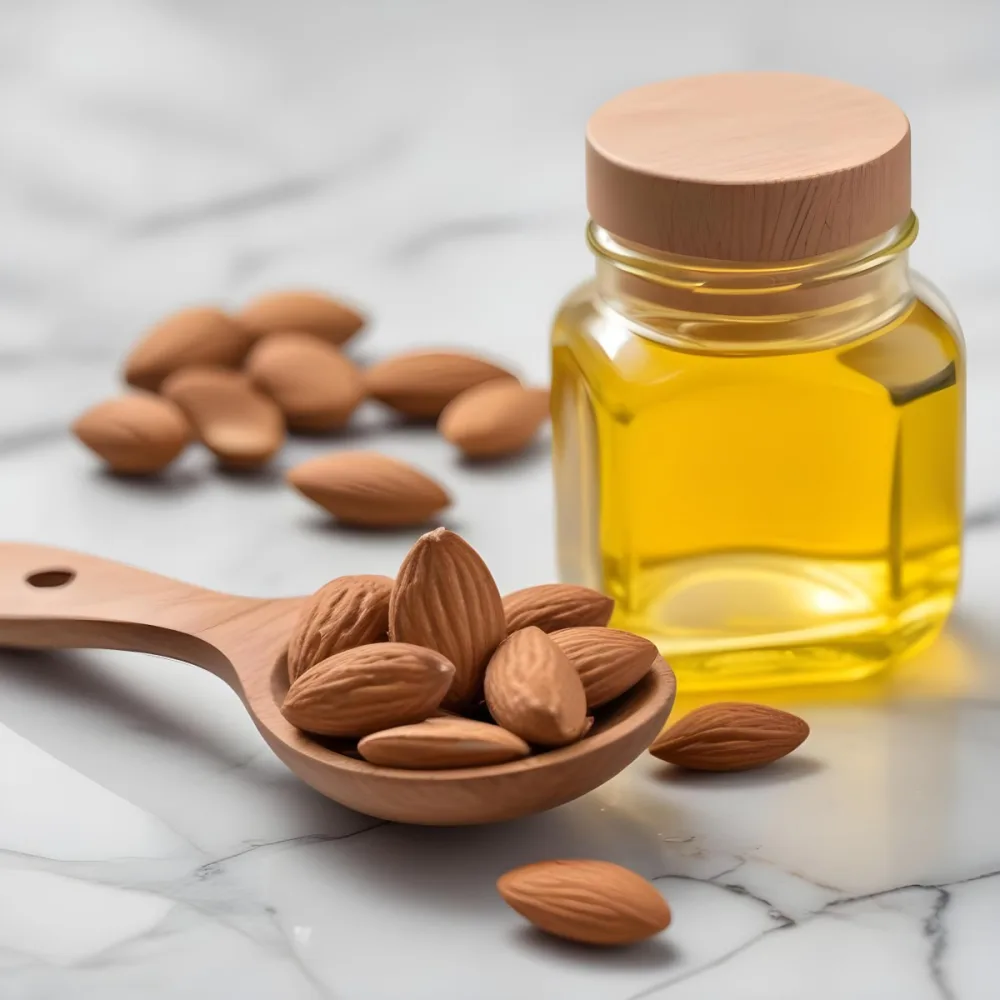 Almonds In A Wooden Spoon With A Bottle Of Almond Oil In The Background On A Wooden Surface 8 9393