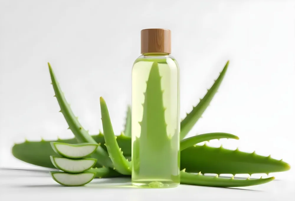 Aloe Vera Gel In A Transparent Bottle With A Wooden Cap Aloe Vera Leaves And Slices In A White Background 21 Cdab
