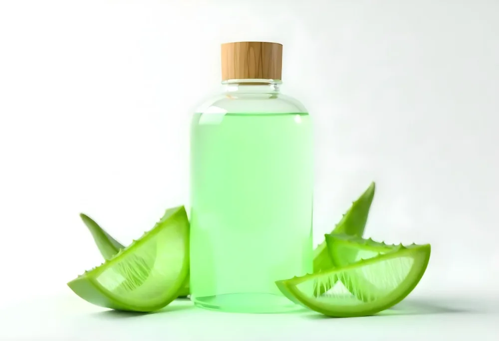 Aloe Vera Gel In A Transparent Bottle With A Wooden Cap Aloe Vera Leaves And Slices In A White Background 34 Ed96