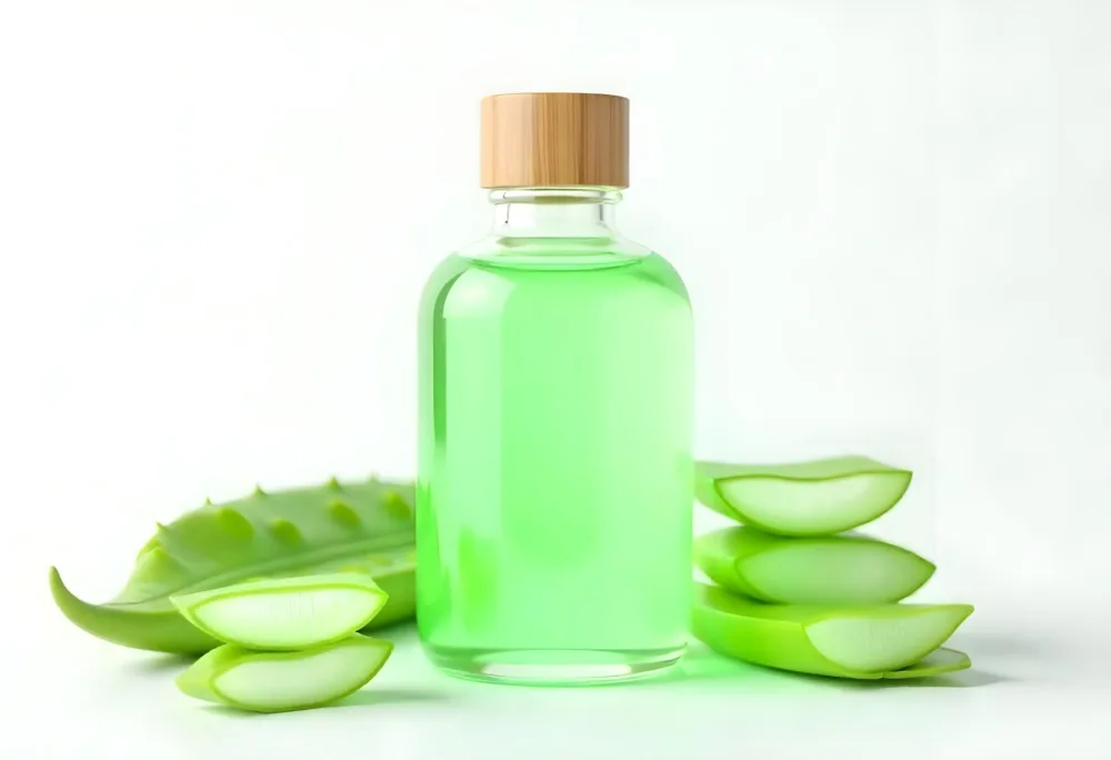 Aloe Vera Gel In A Transparent Bottle With A Wooden Cap Aloe Vera Leaves And Slices In A White Background 5 Fa43