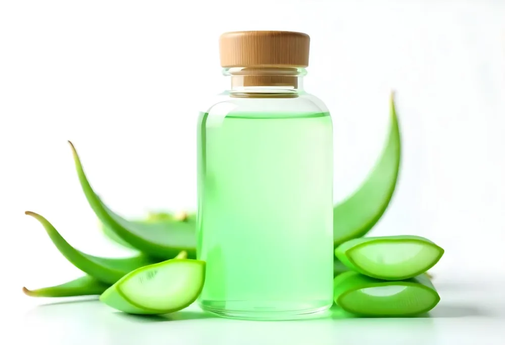 Aloe Vera Gel In A Transparent Bottle With A Wooden Cap Aloe Vera Leaves And Slices In A White Background 6 F0f3