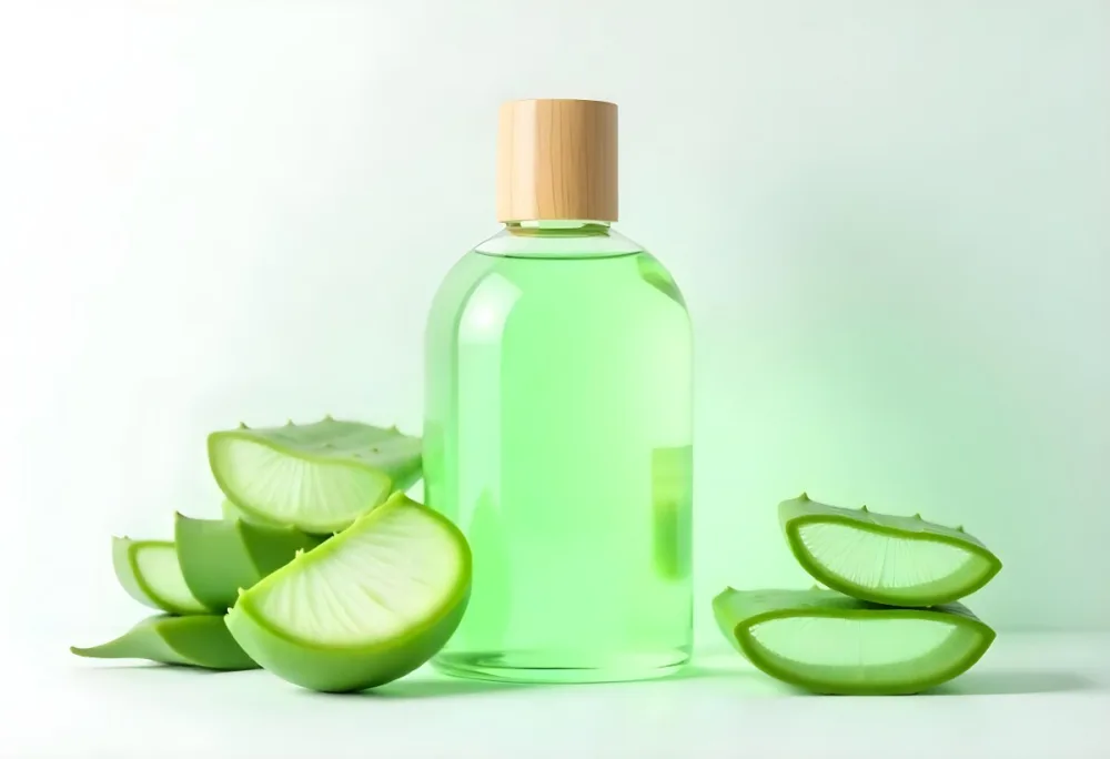Aloe Vera Gel In A Transparent Bottle With A Wooden Cap Aloe Vera Leaves And Slices In A White Background 7 Cf74