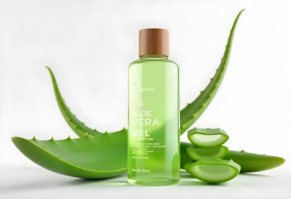 Aloe Vera Gel In A Transparent Bottle With A Wooden Cap Aloe Vera Leaves And Slices In A White Background 8 9e78