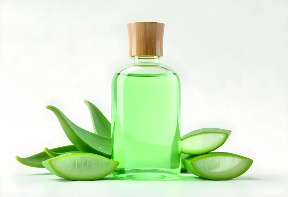 Aloe Vera Gel In A Transparent Bottle With A Wooden Cap Aloe Vera Leaves And Slices In A White Background 9 265d