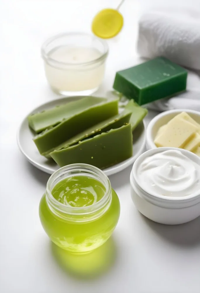 Aloe Vera Leaves On A White Plate Yellow Soap Bar Jar With Aloe Vera Gel Bowl With White Cream Bowl With Yellow Powder On A White Background 13 6cfc